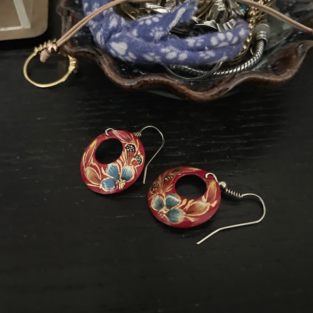 Hand Painted Blue and Red Earrings